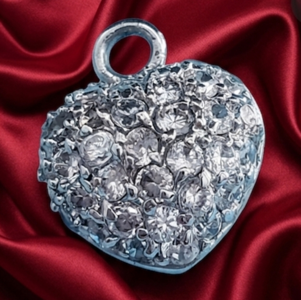 Puffy Crystal Heart Pendant Silvertone Rhinestones Pave Crystals - Picture 2 of 5